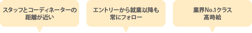 スタッフとコーディネーターの距離が近い　エントリーから就業以降も常にフォロー　業界No1クラス高時給